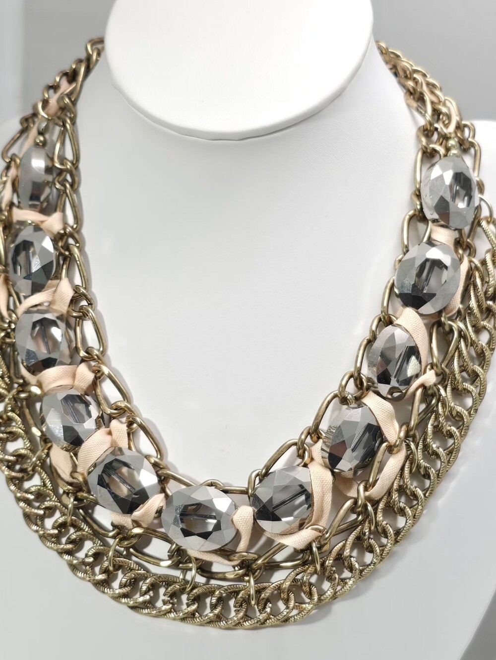 Statement Multi-Chain Necklace w/ Faceted Gunmetal Beads and Champagne Ribbon